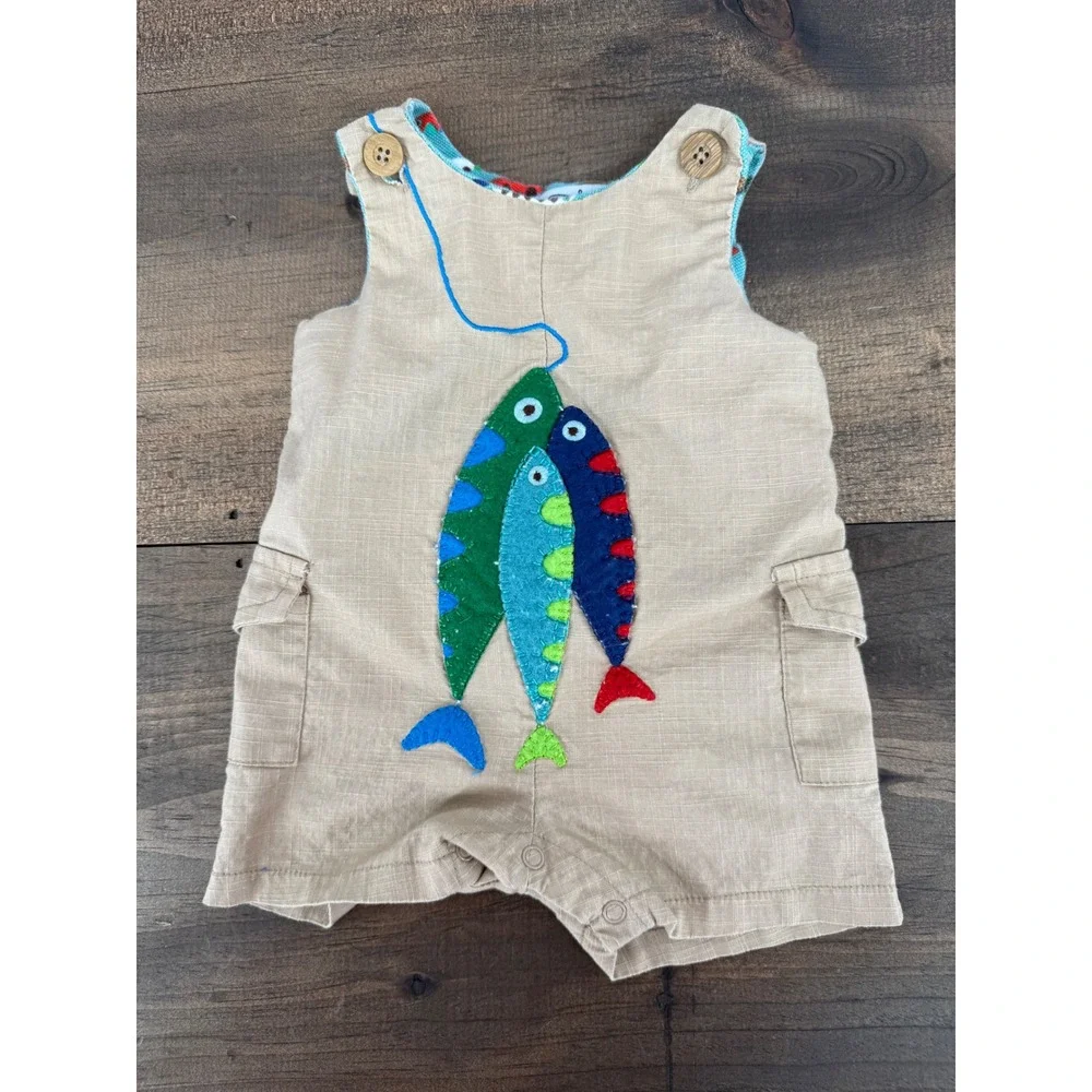 Mud Pie Baby 0-6M Fish Applique Romper Linen Look Coastal Nautical One Piece
